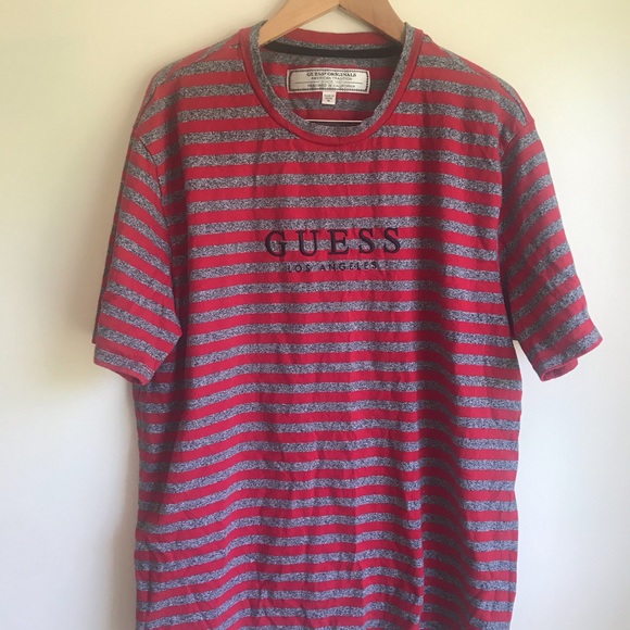 purple and red striped guess shirt